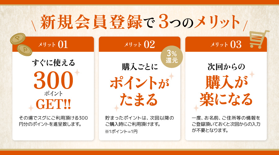 新規会員登録で3つのメリット　メリット1 すぐに使える300ポイントGET!!　メリット2 購入ごとにポイントがたまる　メリット3 次回からの購入が楽になる