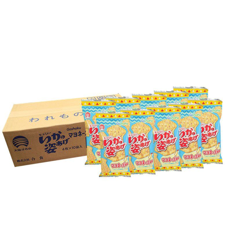 いかの姿あげ　マヨネーズ風味10袋入りのパッケージと外箱。